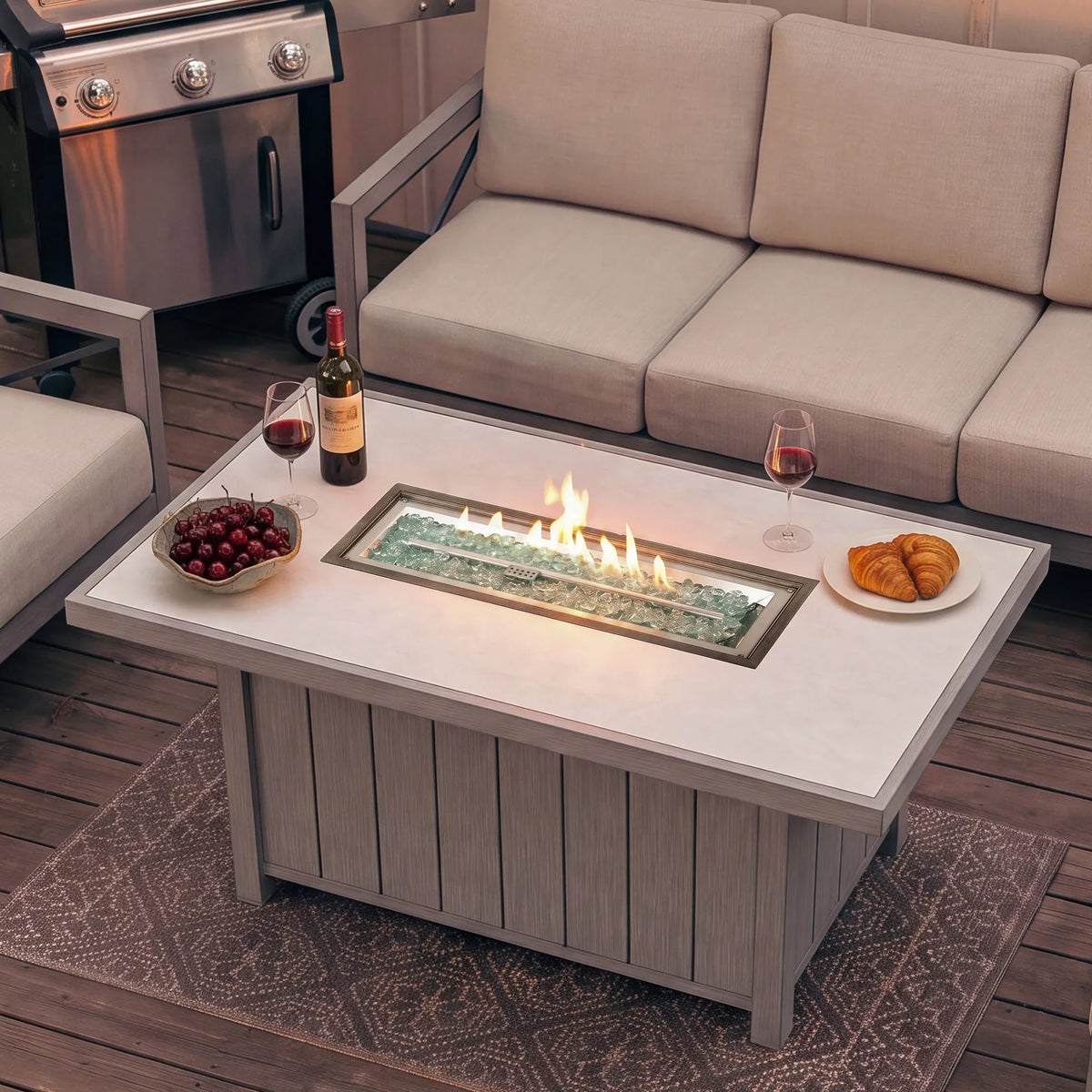 Marindo 56.5" Wood‑Grain Aluminum Propane Fire Pit Table – 50,000 BTU Dual‑Purpose Dining & Fire Feature