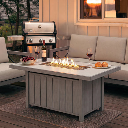 Marindo 56.5" Wood‑Grain Aluminum Propane Fire Pit Table – 50,000 BTU Dual‑Purpose Dining & Fire Feature