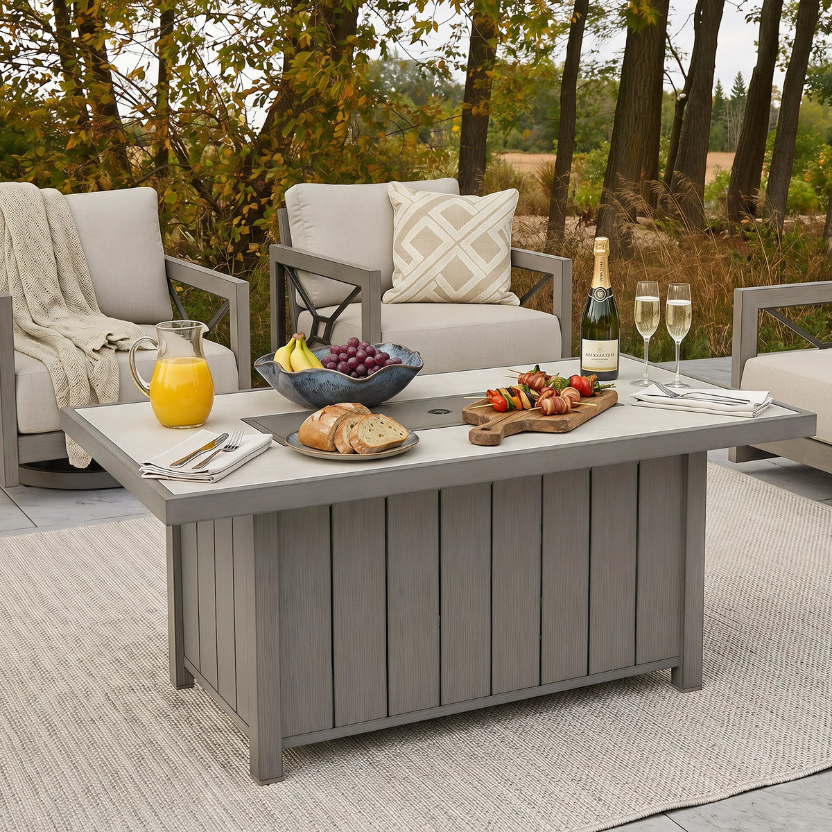 Marindo 56.5" Wood‑Grain Aluminum Propane Fire Pit Table – 50,000 BTU Dual‑Purpose Dining & Fire Feature