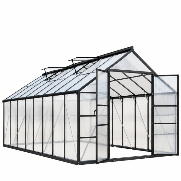 8' x 12' Premium Outdoor Polycarbonate Greenhouse – Aluminum Frame, Double Swing Doors & Adjustable Roof Vents