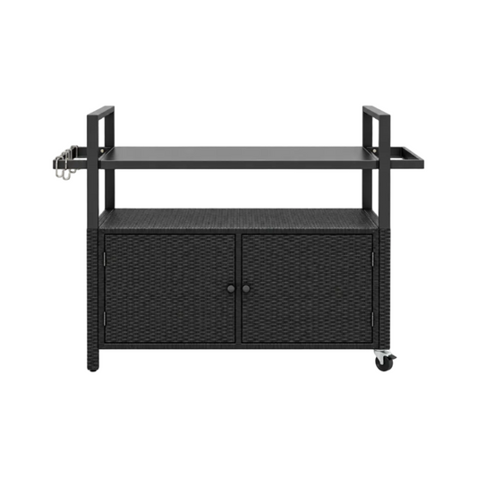 Outdoor PE Rattan Bar Cart – Tempered Glass Top, Storage Shelves, Hooks & Lockable Casters