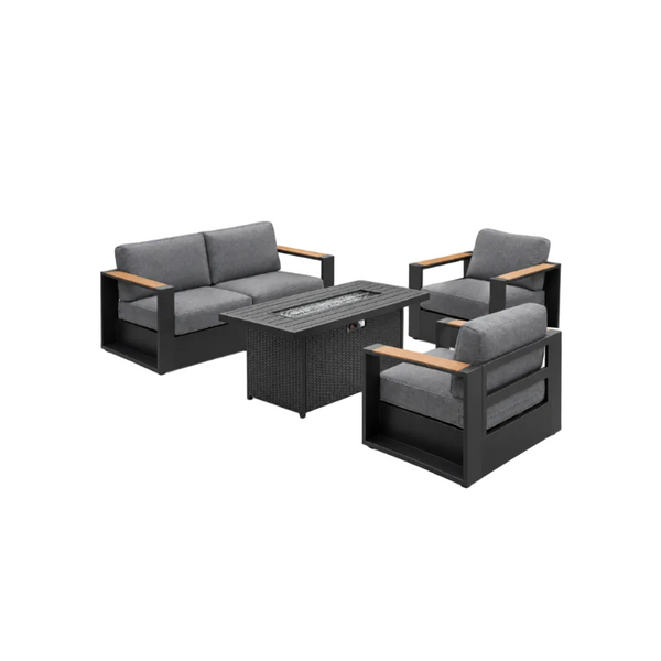 4‑Piece Modern Aluminum Patio Set with 55K BTU Fire Pit Table & Waterproof Cushions