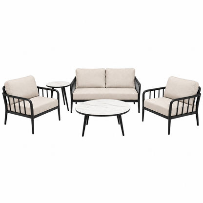 5‑Piece Modern Aluminum Patio Furniture Set – Sunbrella Cast Silver Cushions & Carrara Sintered Stone Tables