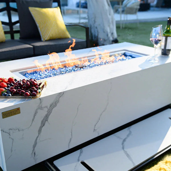 Carrara Bianco White 60" Outdoor Fire Pit Table – Marble Porcelain, 60,000 BTU, Propane/Natural Gas