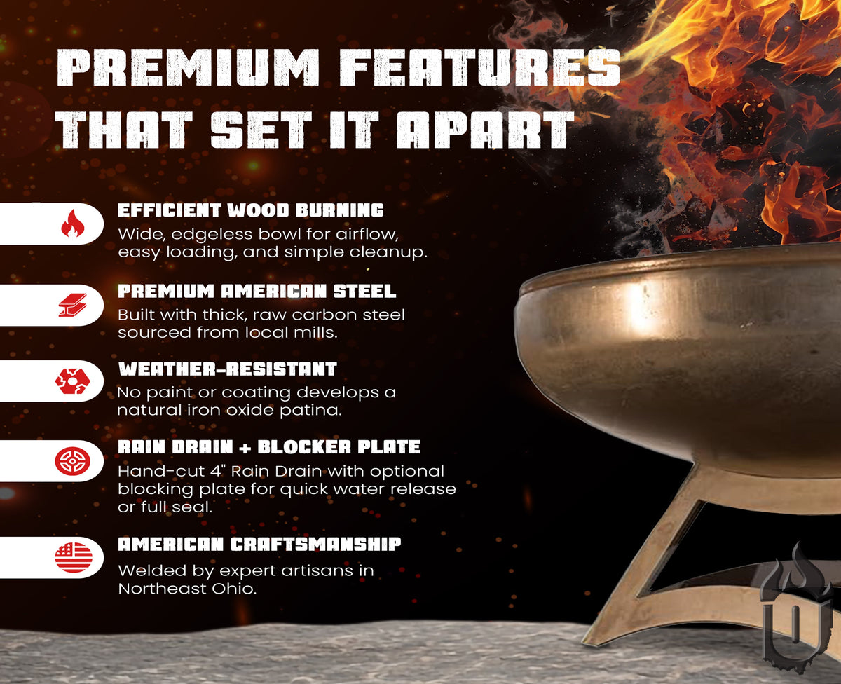 Ohio Flame “The Liberty” American Fire Pit — Heavy‑Gauge Carbon Steel with Natural Patina Finish &  Hollow Base (Made in USA)