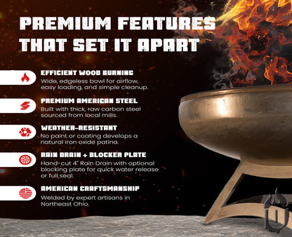 Ohio Flame “The Liberty” American Fire Pit — Heavy‑Gauge Carbon Steel with Natural Patina Finish &  Hollow Base (Made in USA)