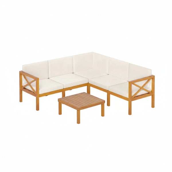 Outdoor 6 Pieces Acacia Wood Patio Sectional Furniture Set-Off White