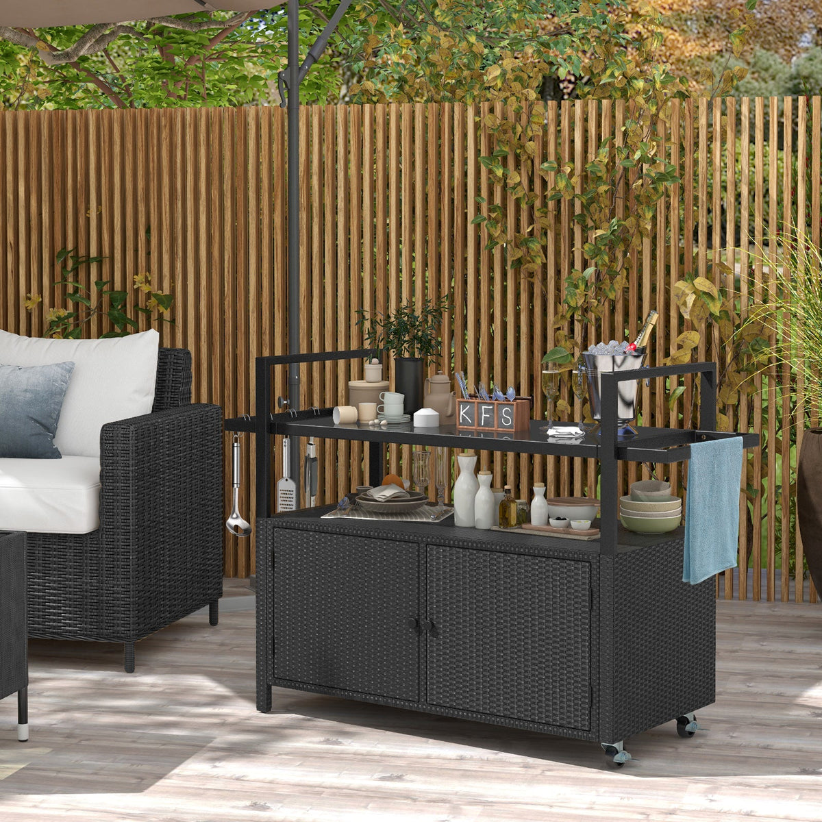 Outdoor PE Rattan Bar Cart – Tempered Glass Top, Storage Shelves, Hooks & Lockable Casters