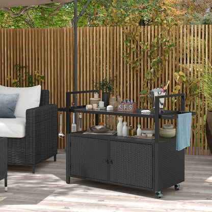 Outdoor PE Rattan Bar Cart – Tempered Glass Top, Storage Shelves, Hooks & Lockable Casters