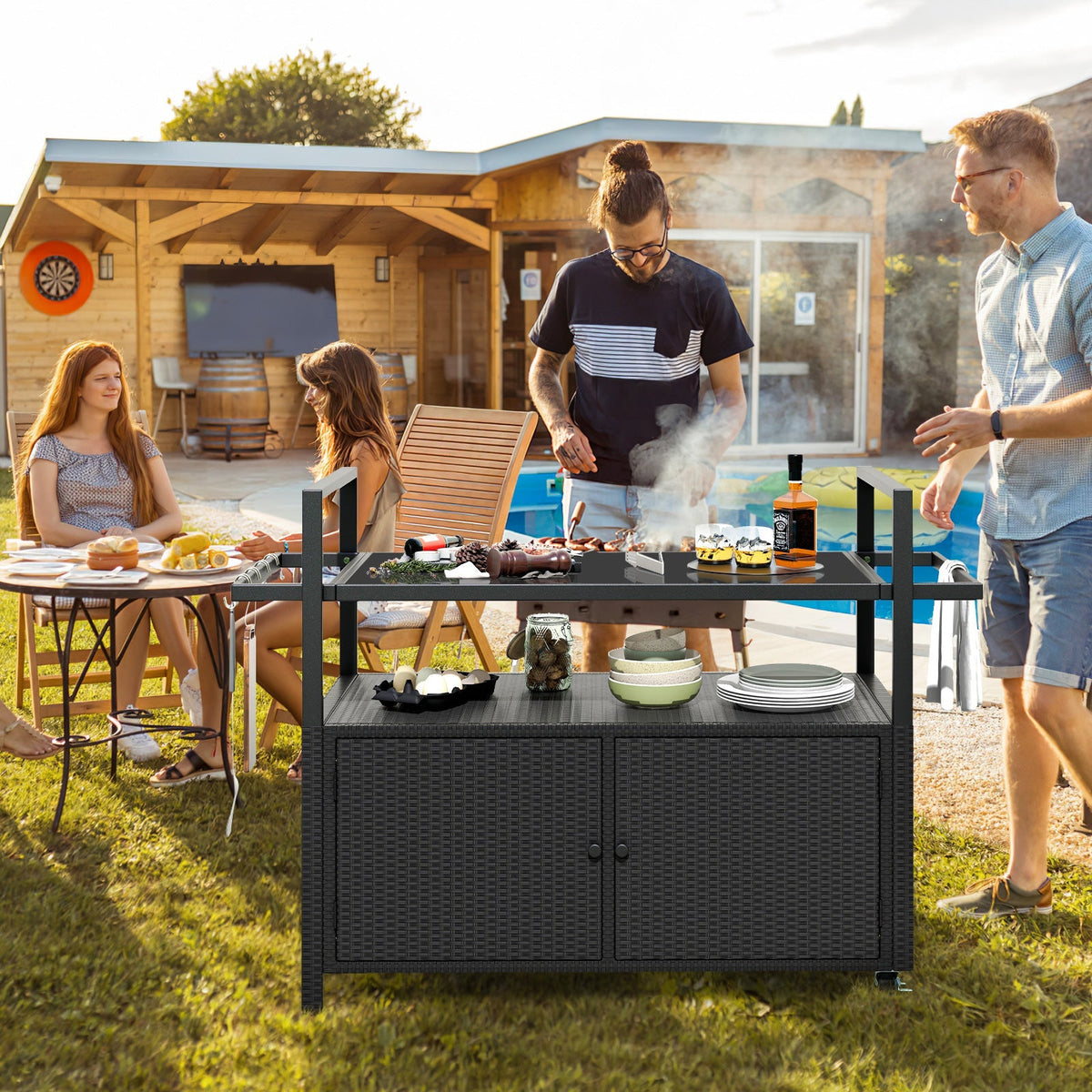 Outdoor PE Rattan Bar Cart – Tempered Glass Top, Storage Shelves, Hooks & Lockable Casters