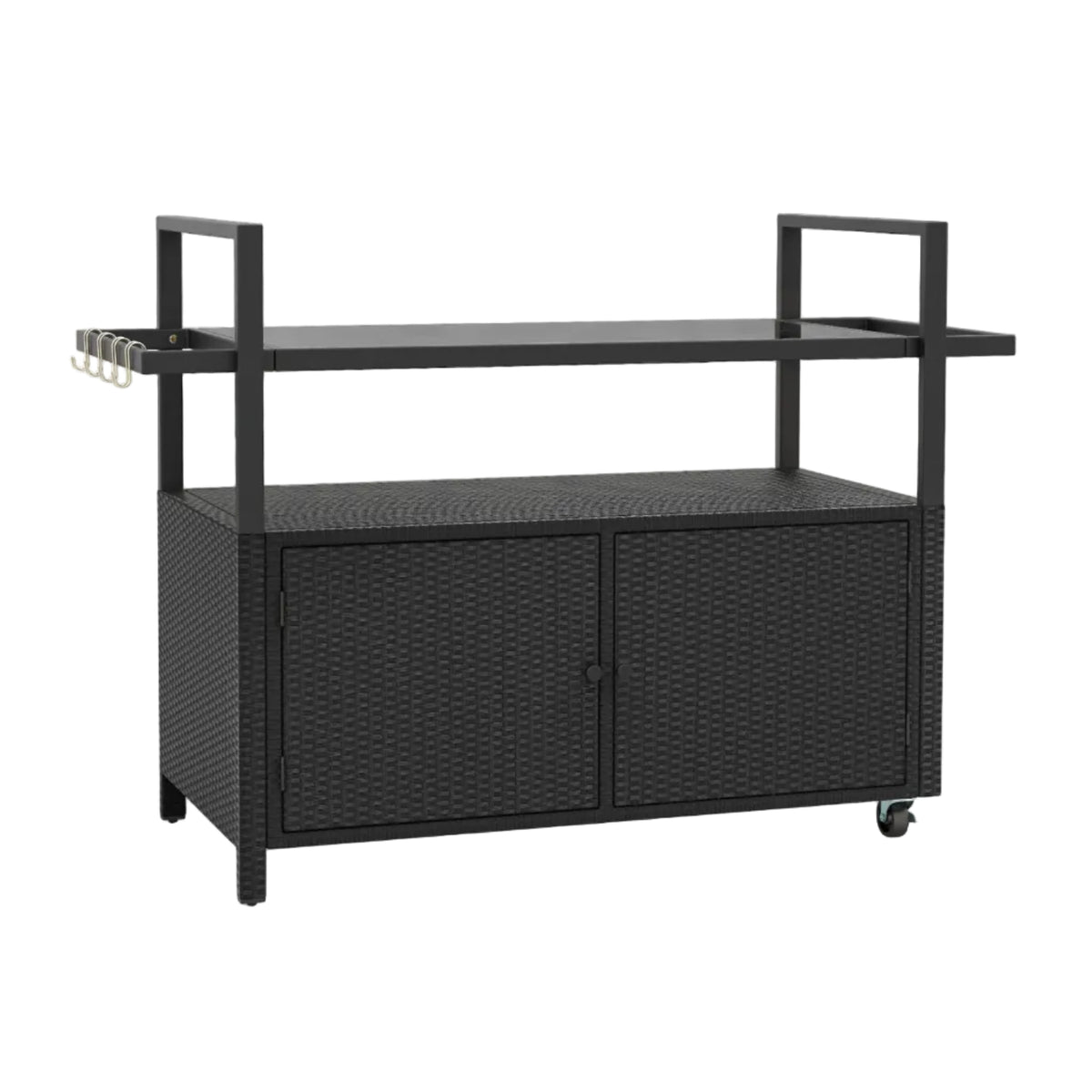 Outdoor PE Rattan Bar Cart – Tempered Glass Top, Storage Shelves, Hooks & Lockable Casters