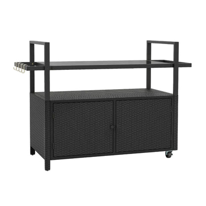 Outdoor PE Rattan Bar Cart – Tempered Glass Top, Storage Shelves, Hooks & Lockable Casters