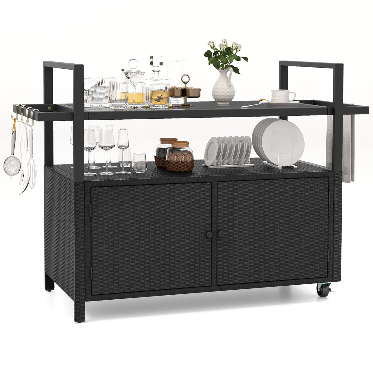 Outdoor PE Rattan Bar Cart – Tempered Glass Top, Storage Shelves, Hooks & Lockable Casters
