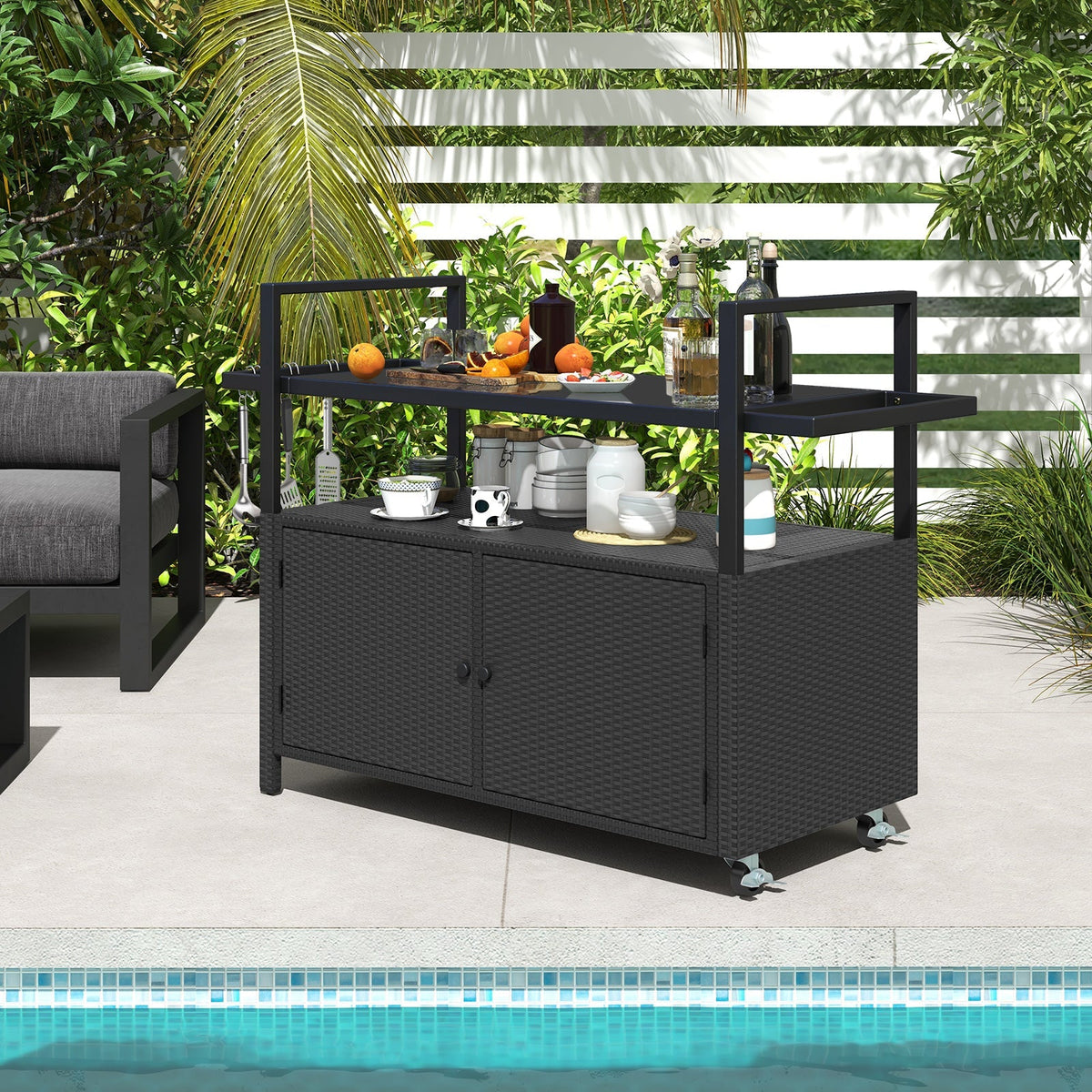 Outdoor PE Rattan Bar Cart – Tempered Glass Top, Storage Shelves, Hooks & Lockable Casters