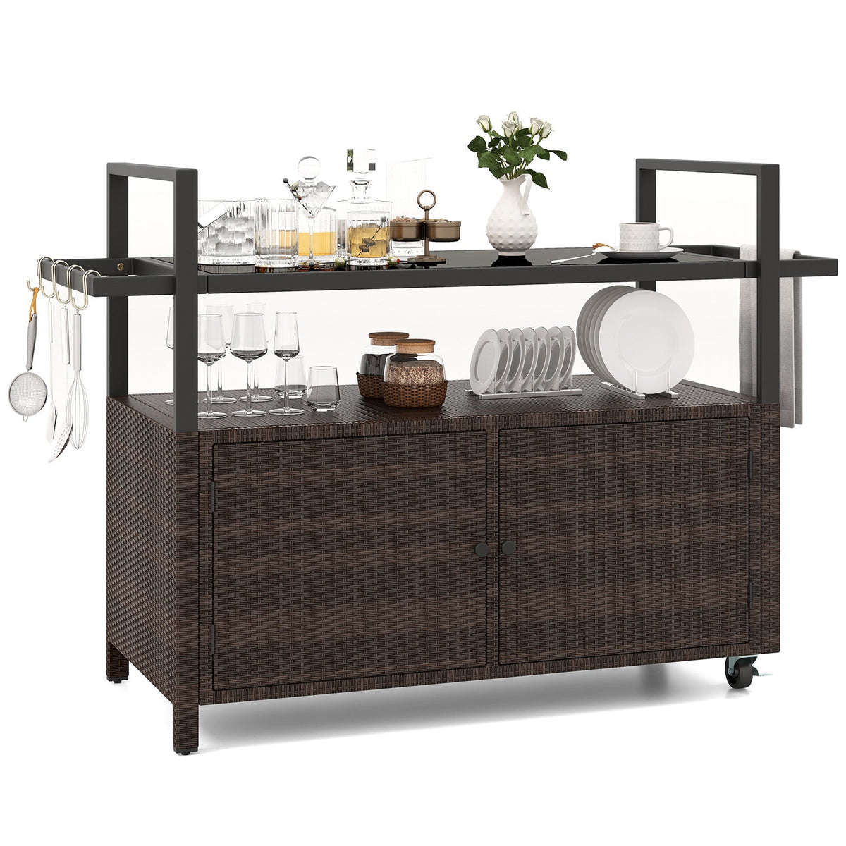 Outdoor PE Rattan Bar Cart – Tempered Glass Top, Storage Shelves, Hooks & Lockable Casters