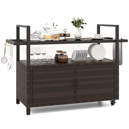 Outdoor PE Rattan Bar Cart – Tempered Glass Top, Storage Shelves, Hooks & Lockable Casters