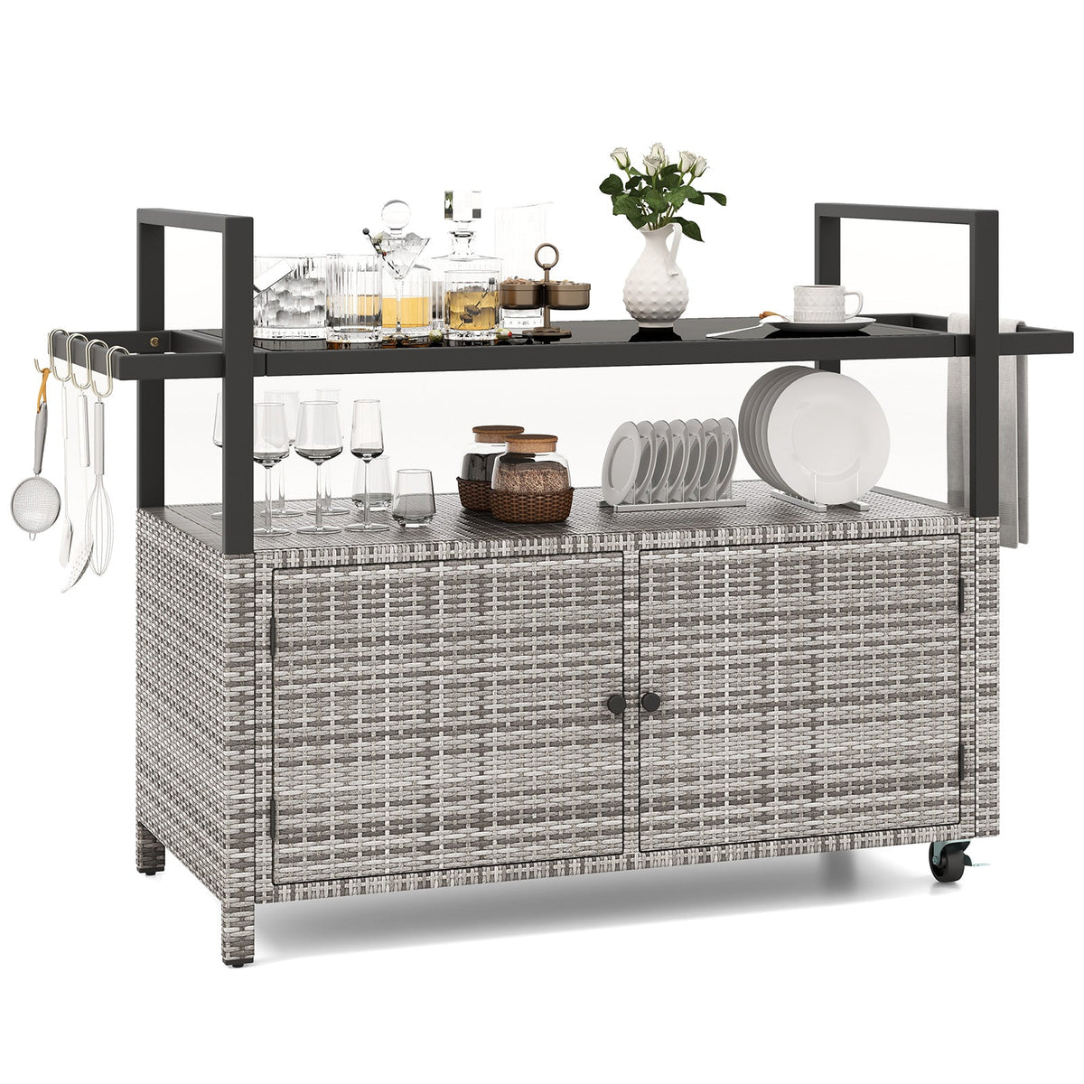 Outdoor PE Rattan Bar Cart – Tempered Glass Top, Storage Shelves, Hooks & Lockable Casters