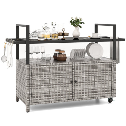 Outdoor PE Rattan Bar Cart – Tempered Glass Top, Storage Shelves, Hooks & Lockable Casters