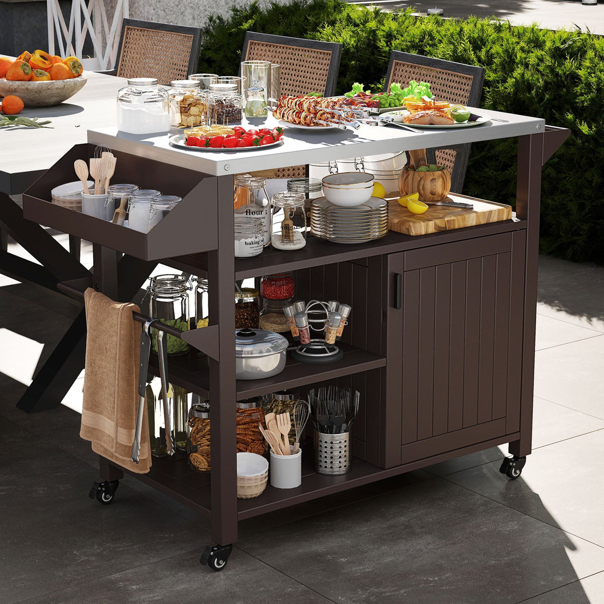 Outdoor Grill Cart with Storage Cabinet Shelves and Stainless Steel Top-Brown