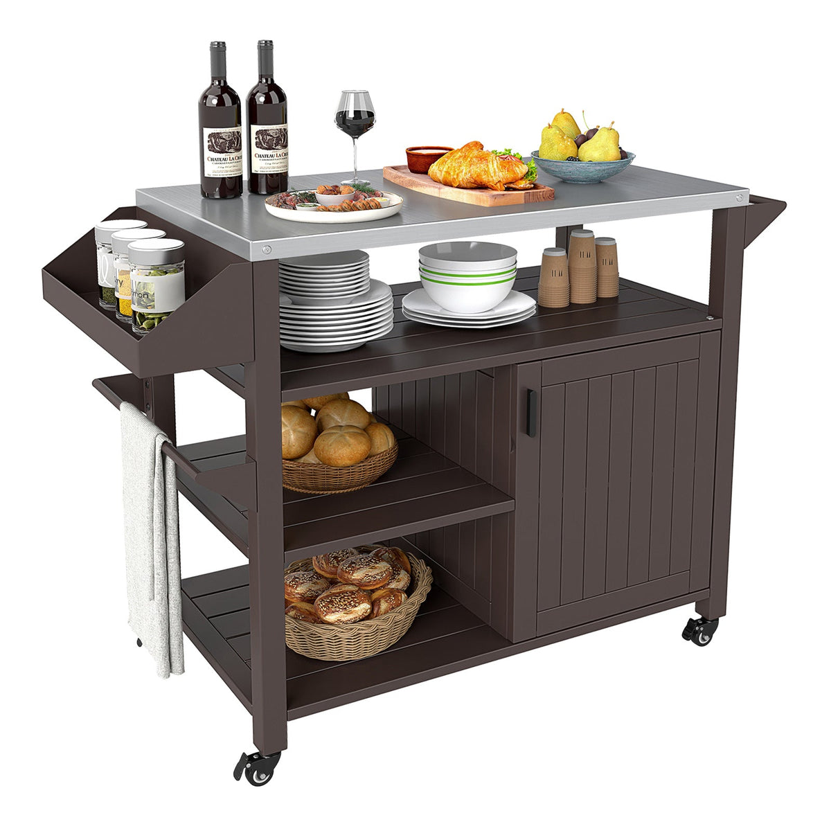 Outdoor Grill Cart with Storage Cabinet Shelves and Stainless Steel Top-Brown