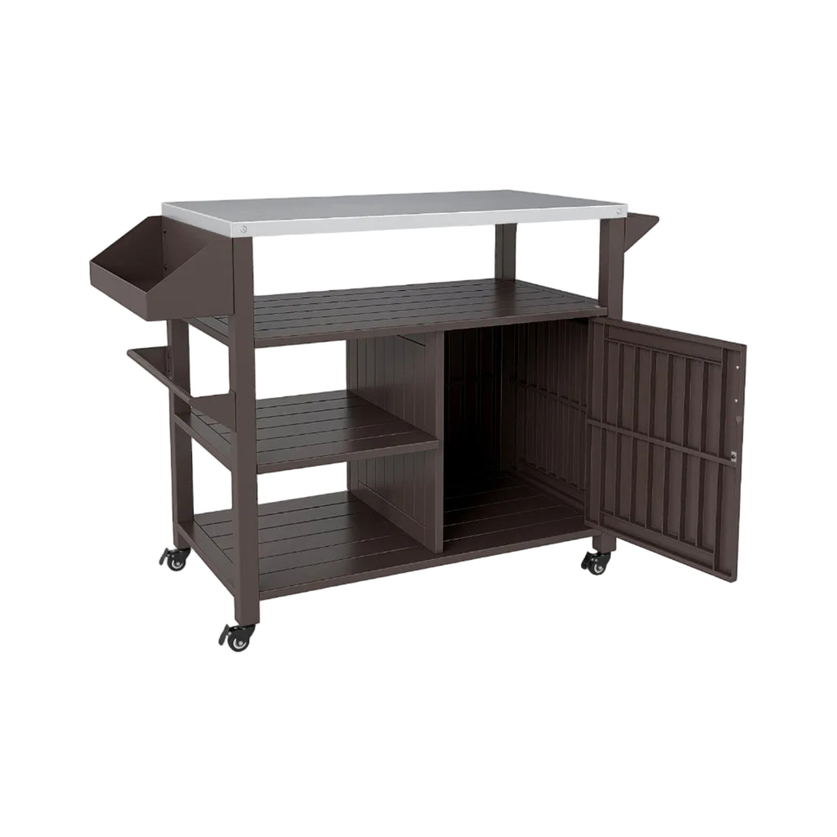 Outdoor Grill Cart with Storage Cabinet Shelves and Stainless Steel Top-Brown