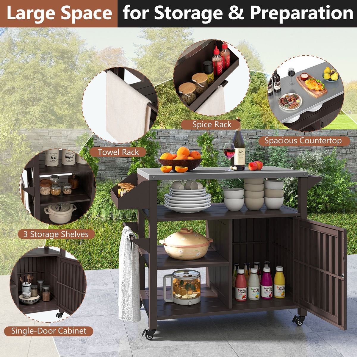 Outdoor Grill Cart with Storage Cabinet Shelves and Stainless Steel Top-Brown