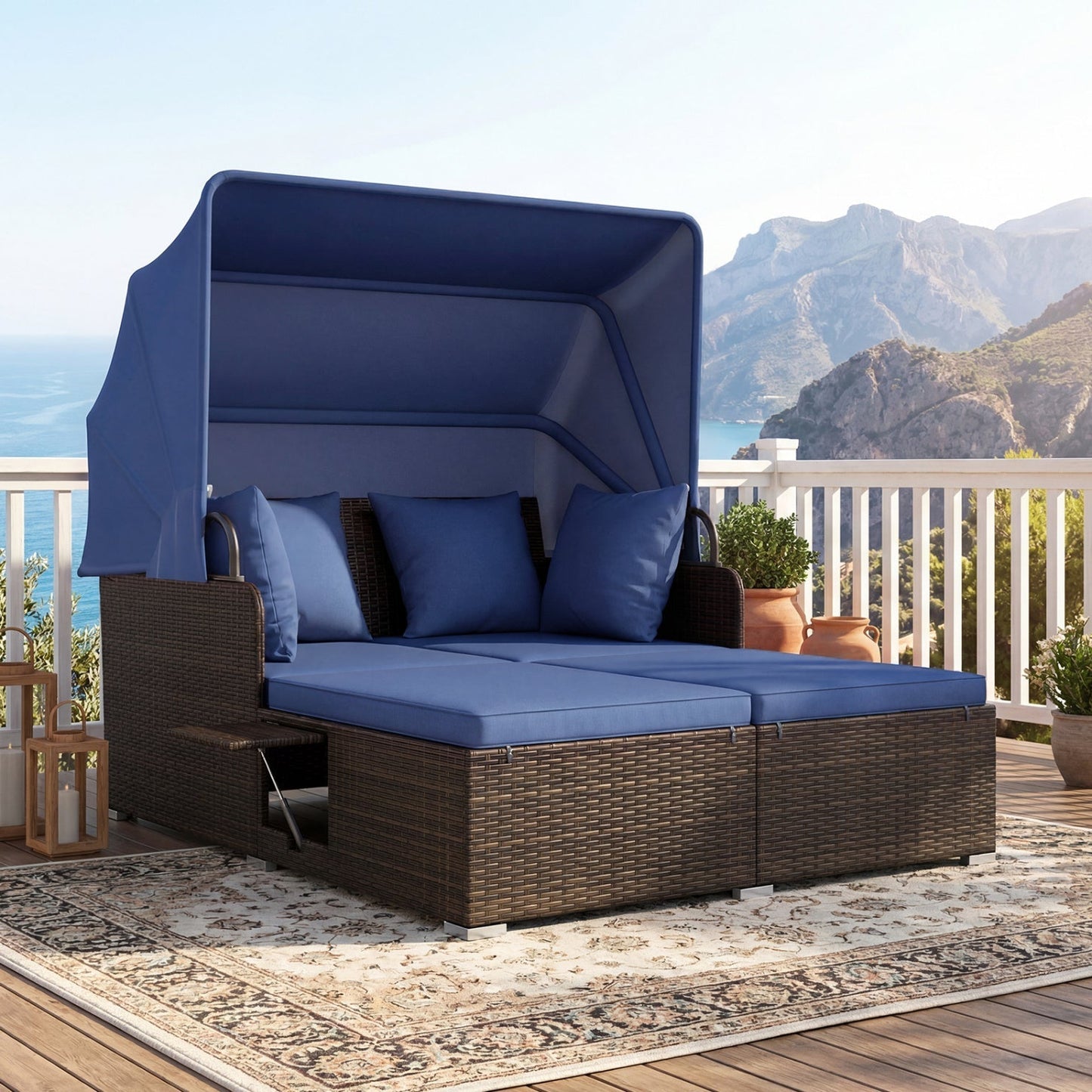Outdoor Patio Rattan Daybed with Retractable Canopy and Side Tables
