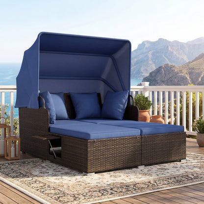 Outdoor Patio Rattan Daybed with Retractable Canopy and Side Tables