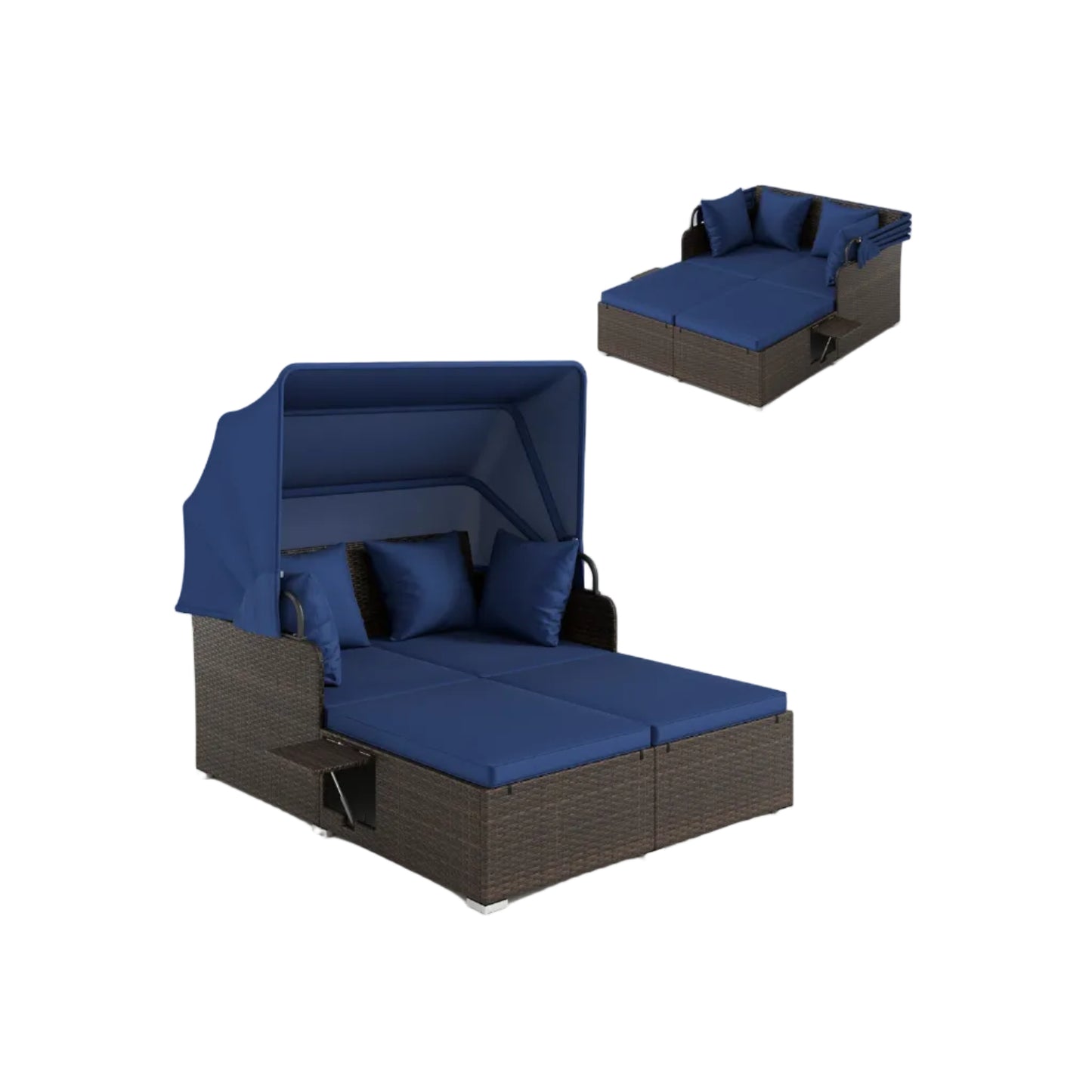 Outdoor Patio Rattan Daybed with Retractable Canopy and Side Tables