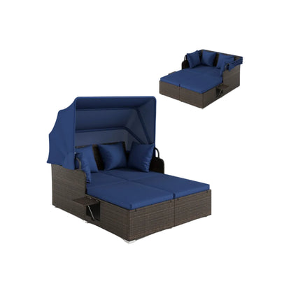 Outdoor Patio Rattan Daybed with Retractable Canopy and Side Tables