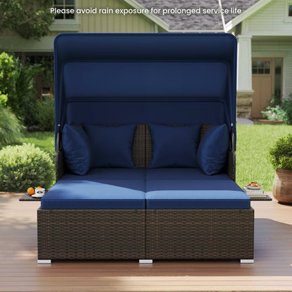 Outdoor Patio Rattan Daybed with Retractable Canopy and Side Tables