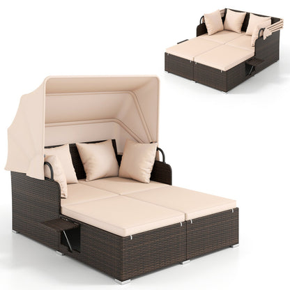 Outdoor Patio Rattan Daybed with Retractable Canopy and Side Tables