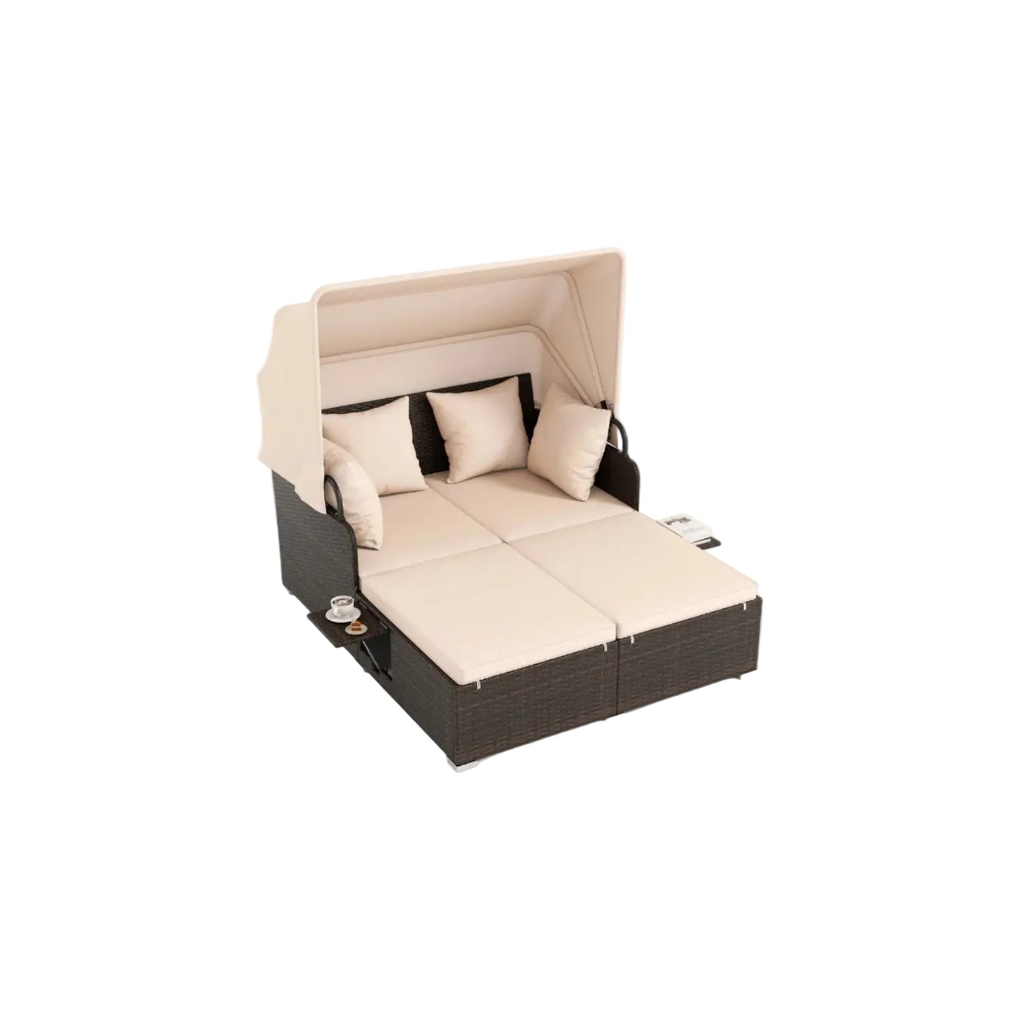 Outdoor Patio Rattan Daybed with Retractable Canopy and Side Tables