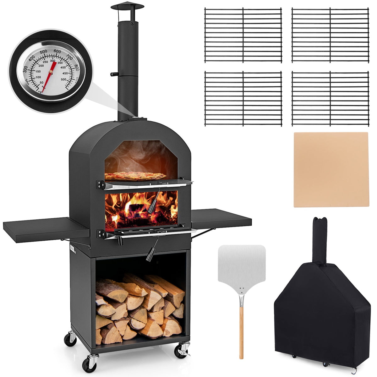 Outdoor Pizza Oven — Built‑In Thermometer, Grill Racks & Protective Cover