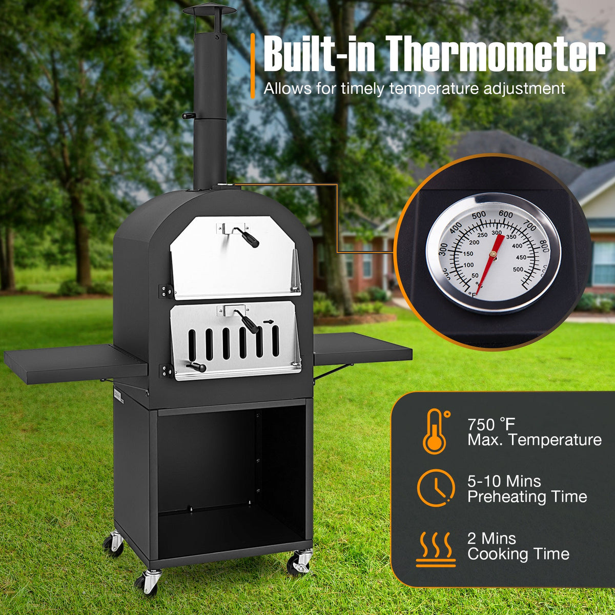 Outdoor Pizza Oven — Built‑In Thermometer, Grill Racks & Protective Cover