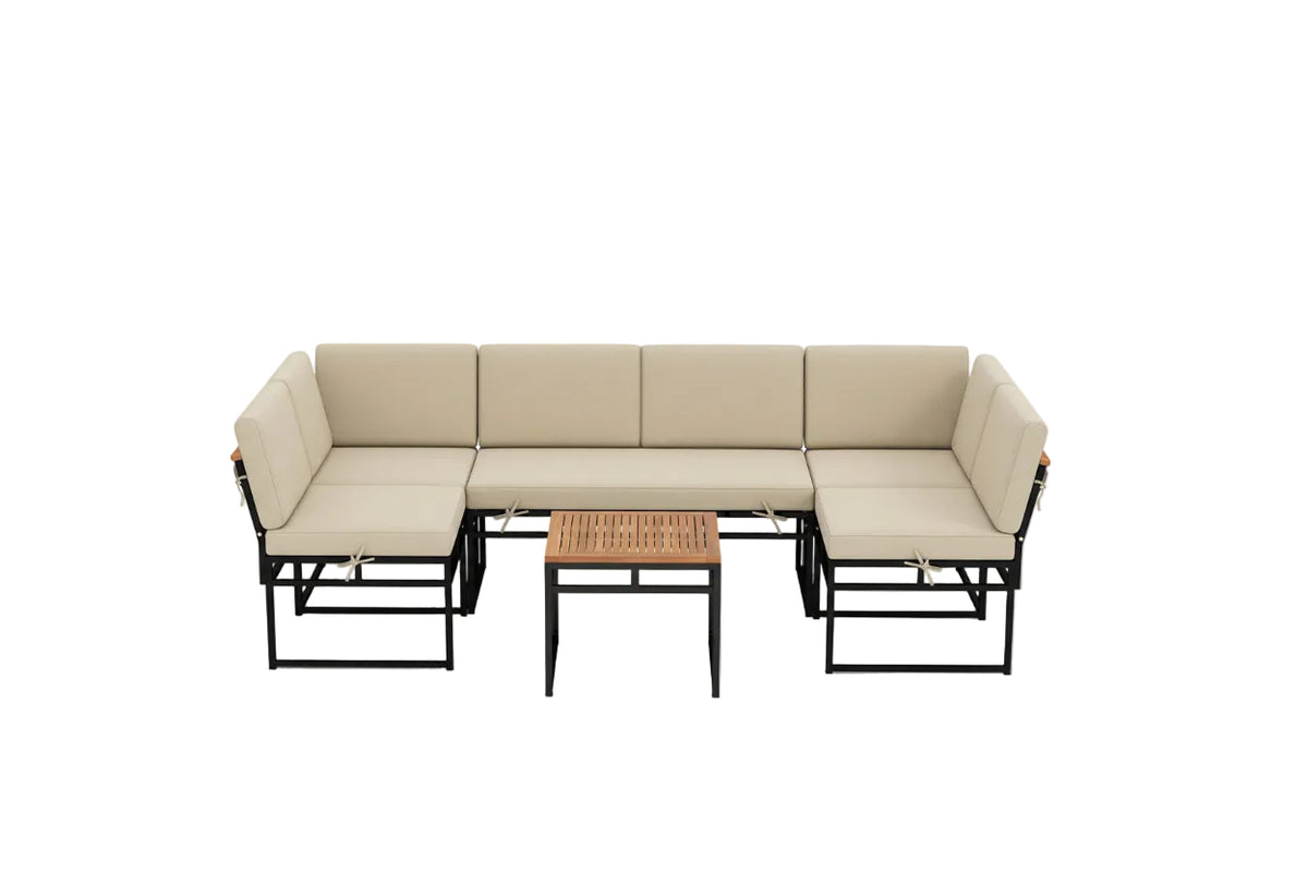 6 Piece Outdoor Sectional Sofa Set Metal Conversation Set with Cushions-Beige