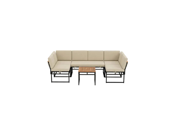 Natural Acacia Wood & Metal Outdoor Sectional Sofa Set — Beige Cushions, 6‑Piece