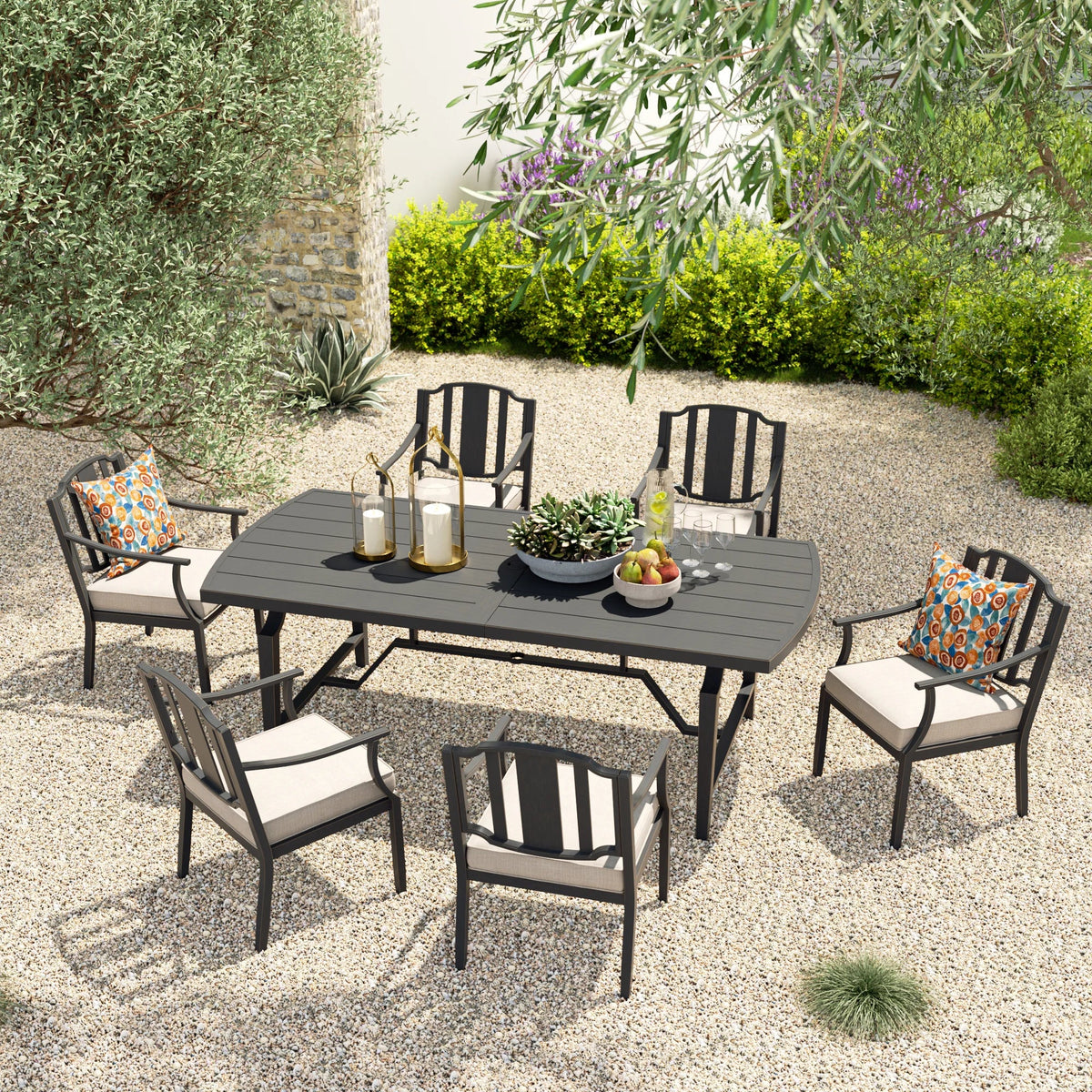 Tamarin Aluminum Patio Rectangular Dining Table and 6 Dining Armchairs