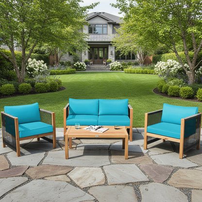 4 Pieces Wood Outdoor Patio Furniture Set with Cushions for Garden