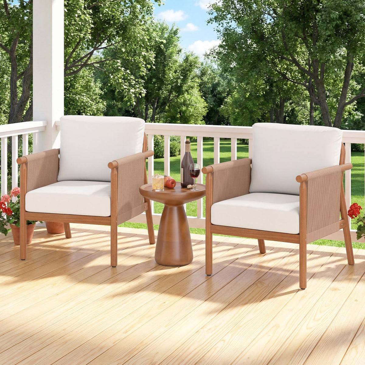 Patio Acacia Wood Chair Set of 4 with Woven Rope Armrests and Seat Back Cushions for Backyard