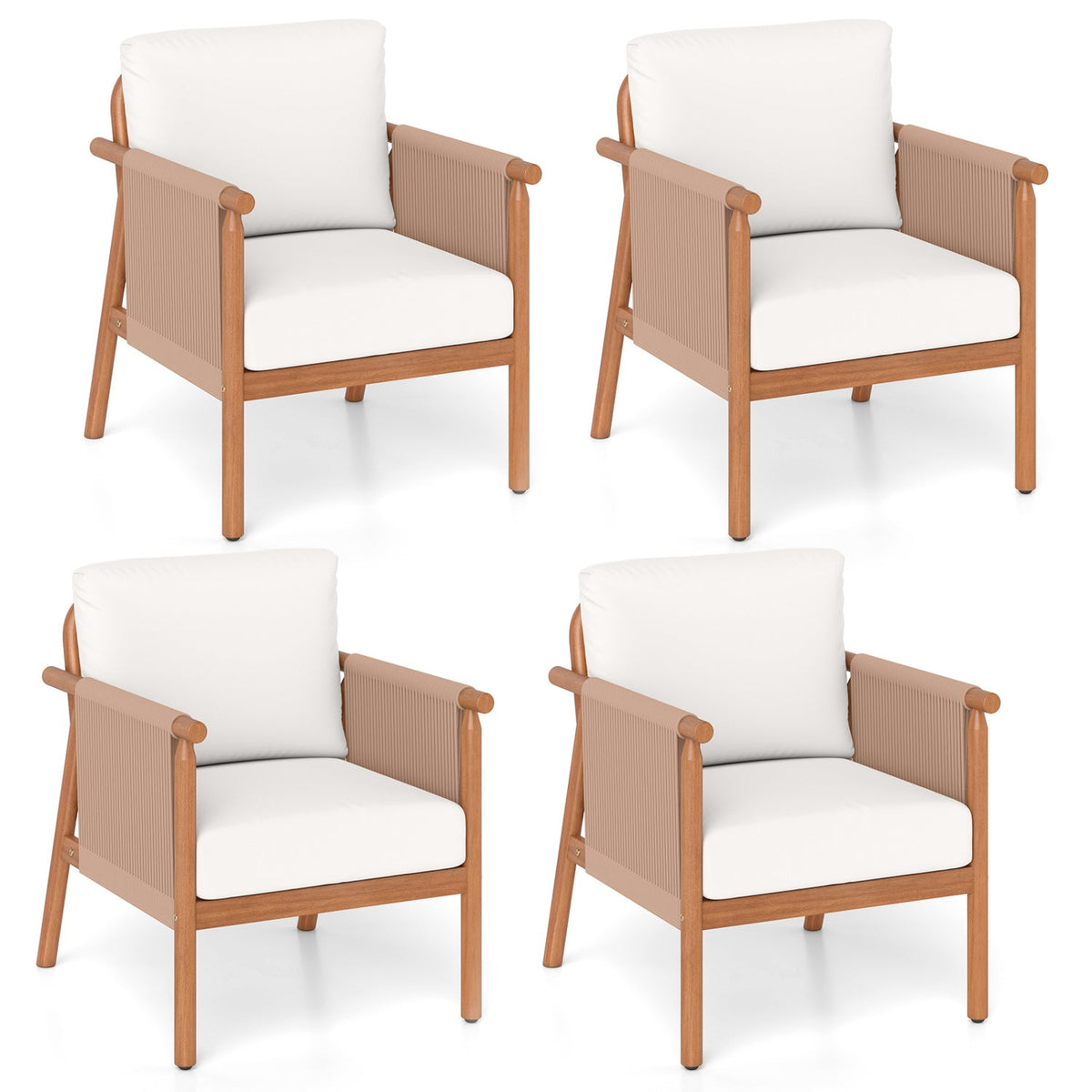 Patio Acacia Wood Chair Set of 4 with Woven Rope Armrests and Seat Back Cushions for Backyard