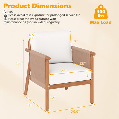 Patio Acacia Wood Chair Set of 4 with Woven Rope Armrests and Seat Back Cushions for Backyard
