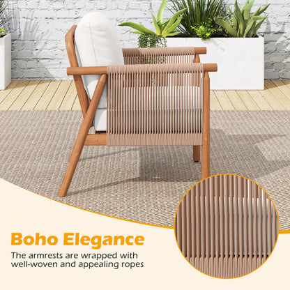 Patio Acacia Wood Chair Set of 4 with Woven Rope Armrests and Seat Back Cushions for Backyard