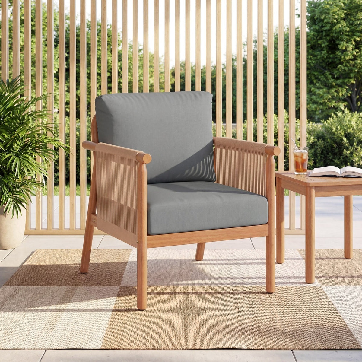 Patio Acacia Wood Chair Set of 4 with Woven Rope Armrests and Seat Back Cushions for Backyard