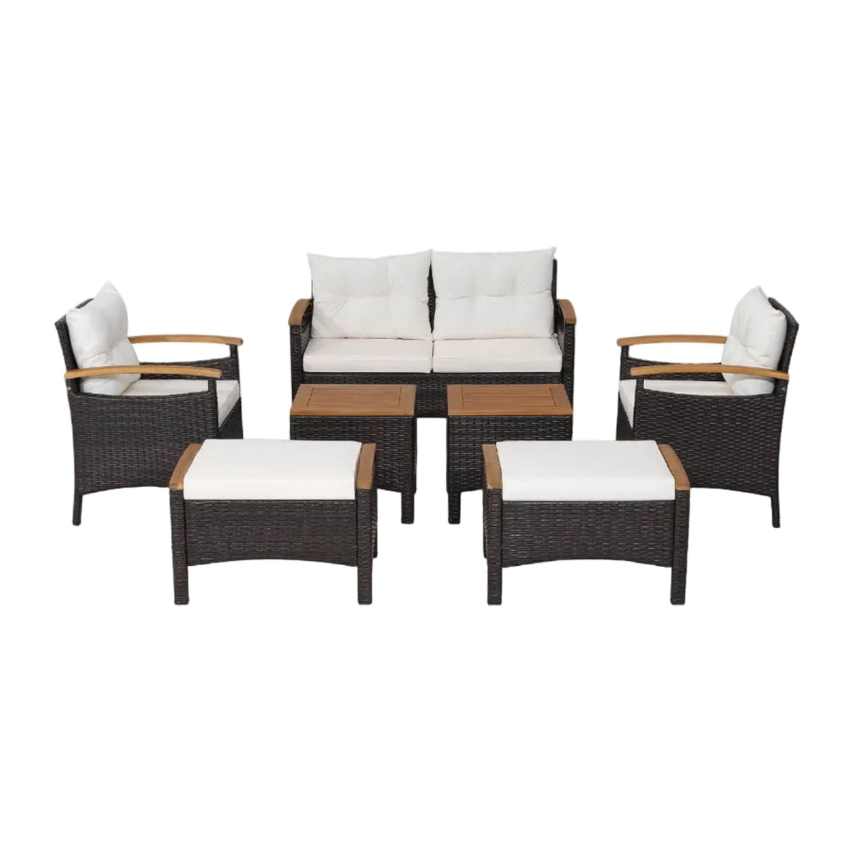 7 Piece Rattan Patio Sofa Set with Acacia Wood Tabletop and Armrests
