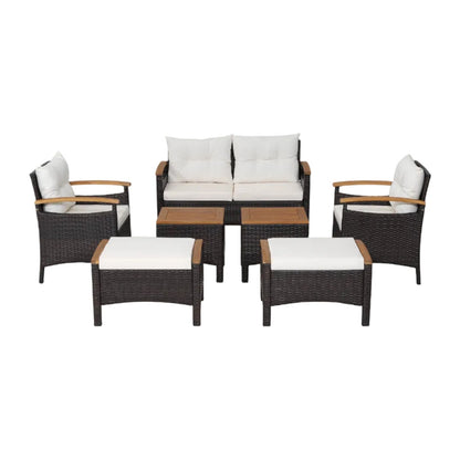 7 Piece Rattan Patio Sofa Set with Acacia Wood Tabletop and Armrests