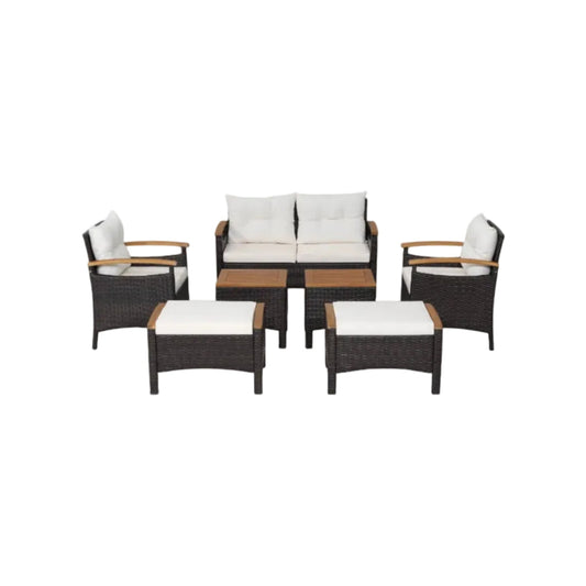 7‑Piece Rattan Patio Sofa Set with Acacia Wood
