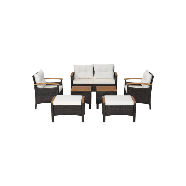 Rattan Patio Sofa Set with Acacia Wood Tabletop & Armrests — 7‑Piece