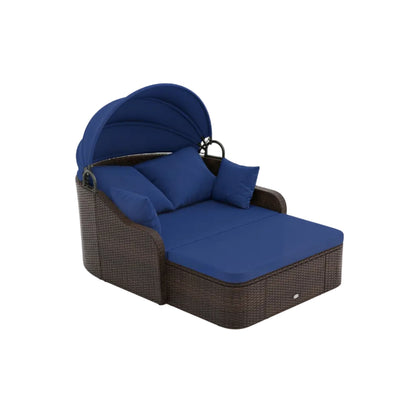 Outdoor Rattan Daybed with Retractable Canopy - Navy