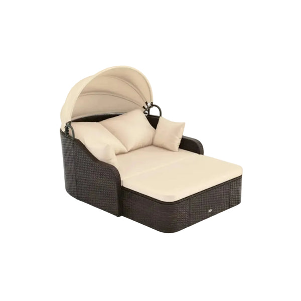 Patio PE Rattan Daybed with Retractable Canopy and Soft Cushions-Beige